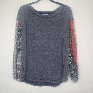 Indigo Thread Co. Top Womens XL Gray Patchwork Sleeve Ribbed Knit Boho